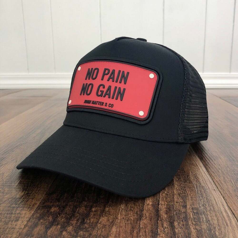 John Hatter & Co Trucker Hat No Pain No Gain Rubber Patch Snapback OS Black Red
